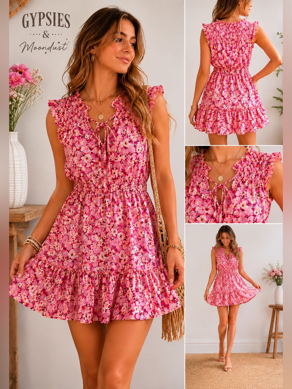 Gypsies & Moondust Pink Floral Smocked Ruffle Mini Dress S Whimsical Boho B2